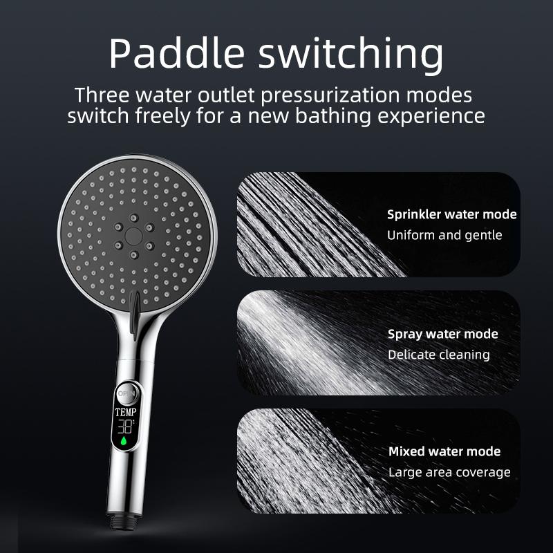 1pc Digital Temperature Display Handheld LED Shower Head Water Powered Without Battery Bathroom Accessories Pressurized 3 Speed