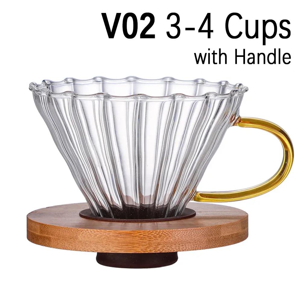 Coffee Dripper V60 Glass Funnel Drip Coffee Maker V01 V02 Filter Transparent Reusable Pour Over Brewing Cup with Wooden Holder