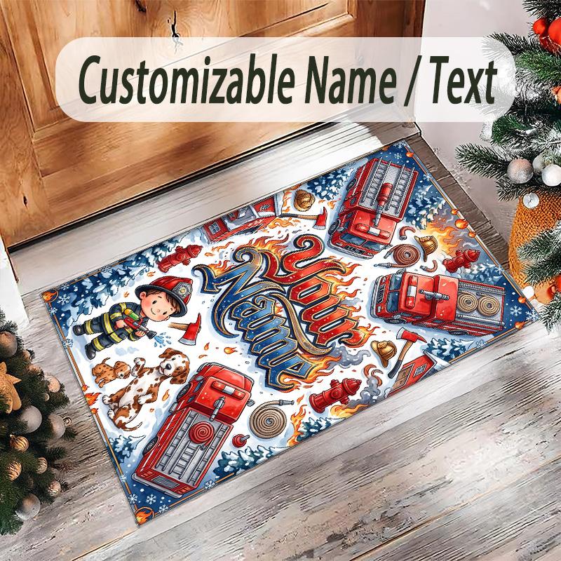 Fire Truck Theme Crystal Velvet Rug Personalized Custom Name Text Soft Floor Mat Home Decor