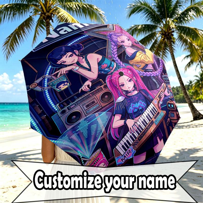 Custom Name Personalized Kpop Demon Hunter Print Umbrella, Auto Open Close, 8‑Rib Sturdy Frame, Commute Camping Hiking Use, Birthday Gift