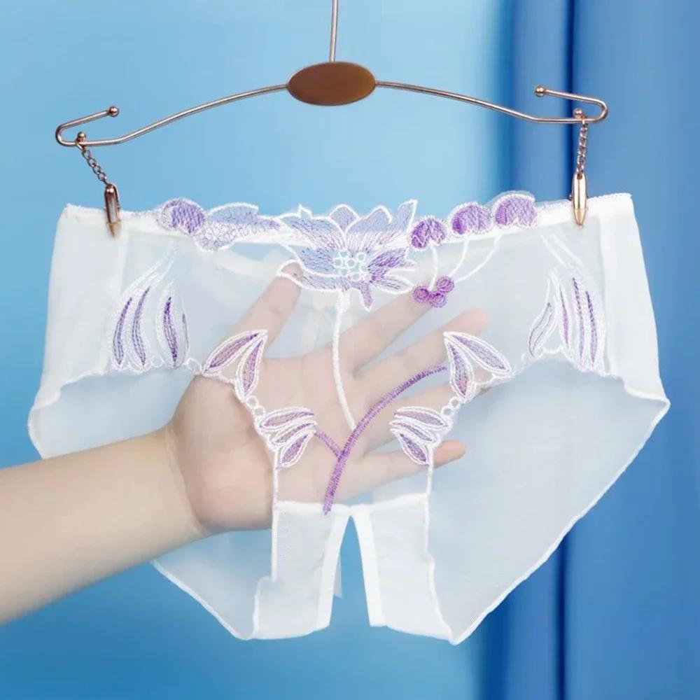 Women Plus Size Lace Sexy Transparent Underwear Floral Mesh Comfort Sheer Crotch Slit Traceless Briefs Panties Women's Briefs