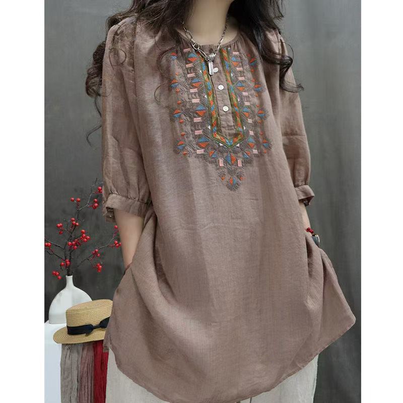 Limiguyue Ethno Boho Stickerei Ramie Bluse Locker Geschlitzt Damen Sommerhemden Dünn Lässig Literarisch Weiblich Lang Tops Robe