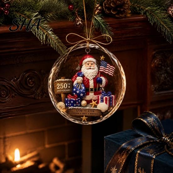 Crystal Texture Gift Tag 250 Anniversary USA Sea Glass Christmas Ornament, 1776-2026 Patriotic Faux Red Blue Festive Accents Clear Keepsake,
