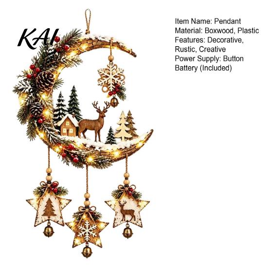 Star And Moon Cutout Artwork Lighted Crescent Wall Decor with Stars Pendants, Rustic Wooden Hanging Pendant Glowing Ornament for Holiday LED