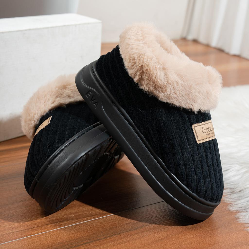 Autumn and Winter Cotton Shoes with Thick Soles for Men and Women, Home and Indoor with Velvet Wicks and Plush Slippers
