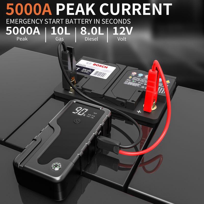 5000A Heavy Duty Jump Starter for Truck SUV Car, Air Compressor, QC3.0 Fast Charger, Booster Pack with LED Emergency Light.