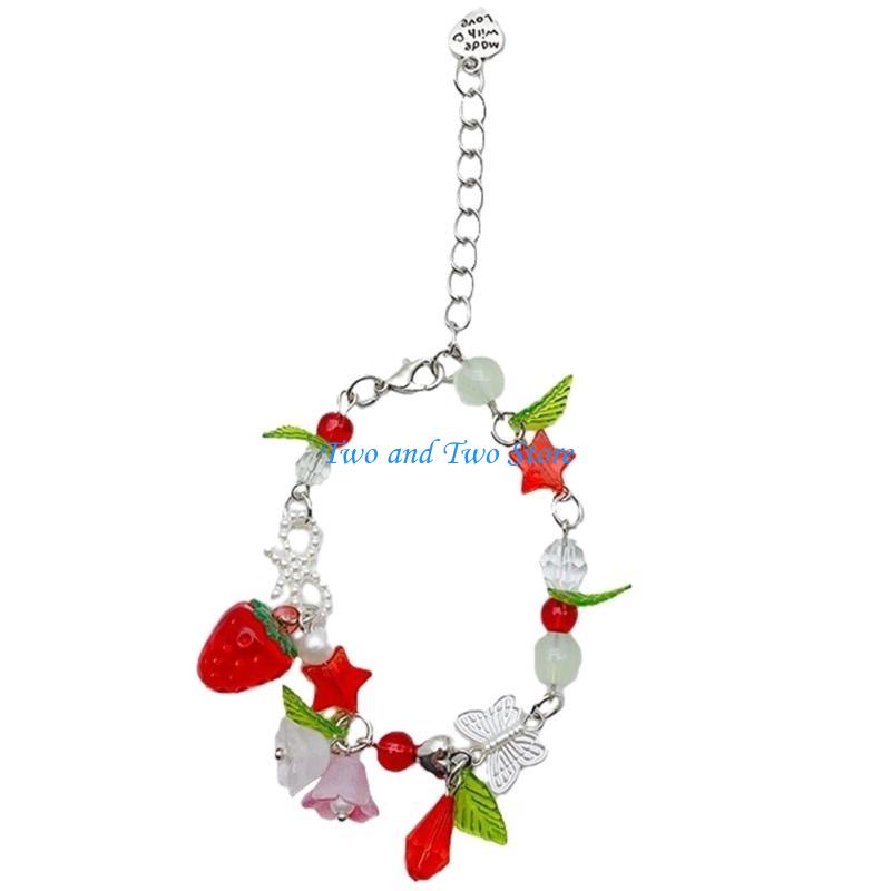 HX6F Strawberry Flower Pendant Bracelet Elegant Pearls Bowknot Wristband Adjustable