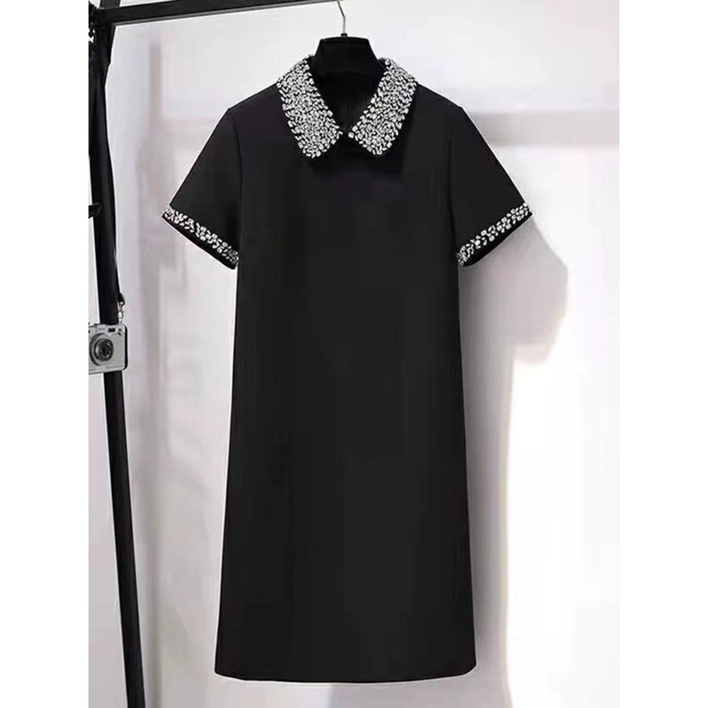 

Летнее шикарное сверкающее платье с бриллиантами, расшитое бисером, платье-рубашка с коротким рукавом, модное офисное женское платье-футболка, мини-платье для женщин XXL чёрный