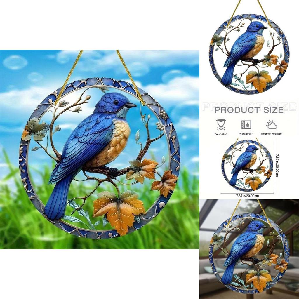 Simulated Blue Bird Branch Pattern Circular Acrylic Pendant For Garden Outdoor Decor