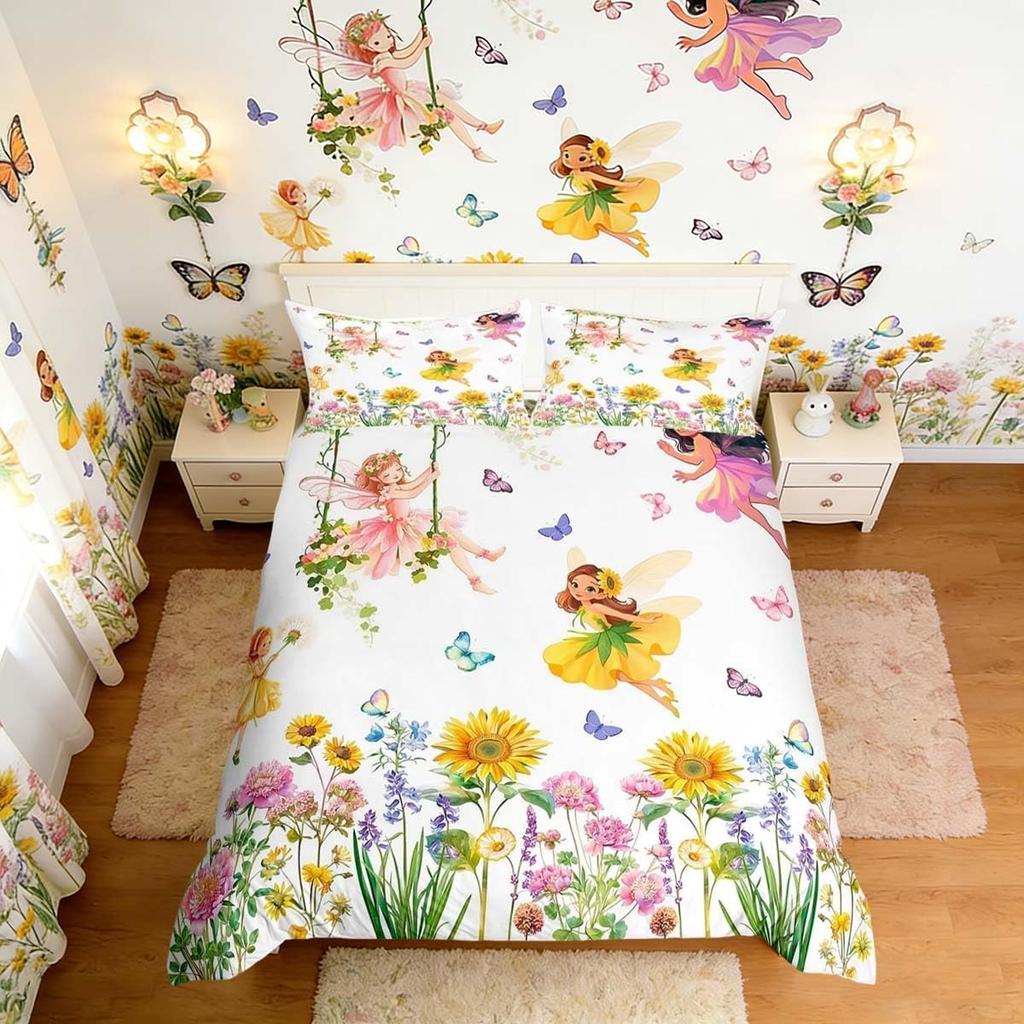 Floral Fairy Bedding Set,Butterfly Fairy Duvet Cover for Girls Room Decor,Cute Flower Bed Set Sweet Princess Duvet Cover 2Pcs