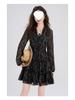 Chic Retro Floral Chiffon Dress: Petite Waist-Cinched Slim Black Style for Autumn & Winter