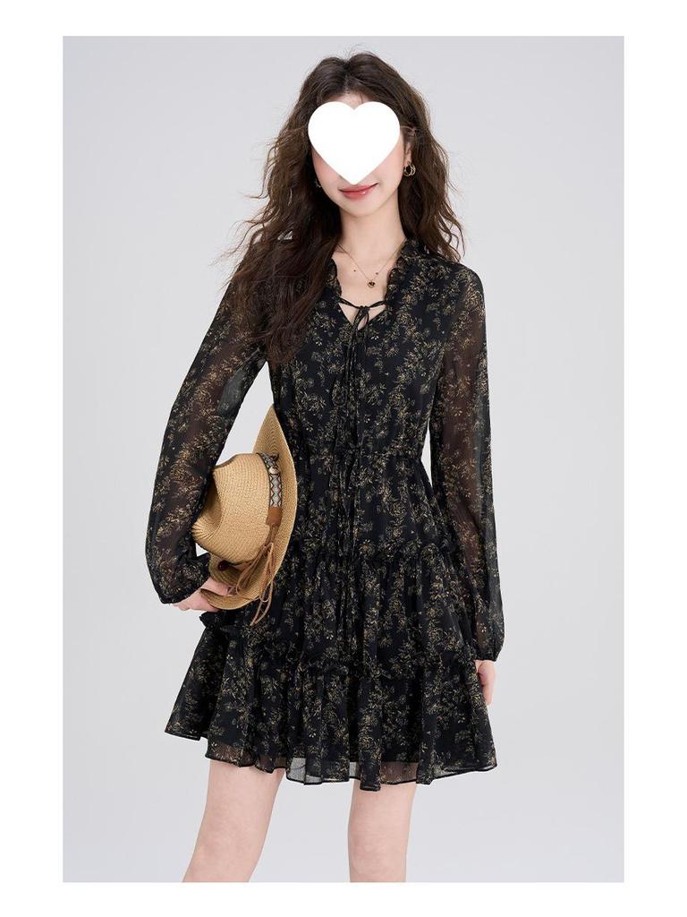 Chic Retro Floral Chiffon Dress: Petite Waist-Cinched Slim Black Style for Autumn & Winter