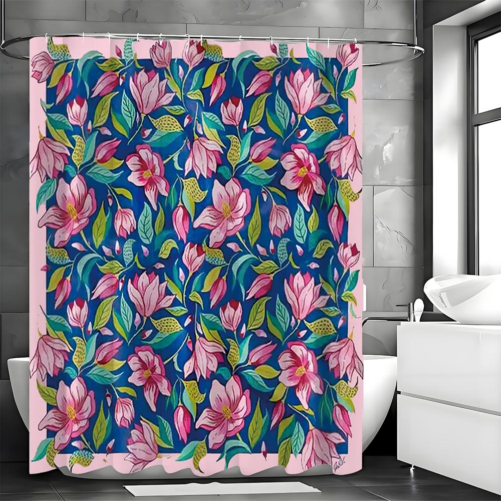 Pink Floral Blue Background Shower Curtain, Bathroom Decorative Shower Curtain, Waterproof Shower Curtain with Hooks