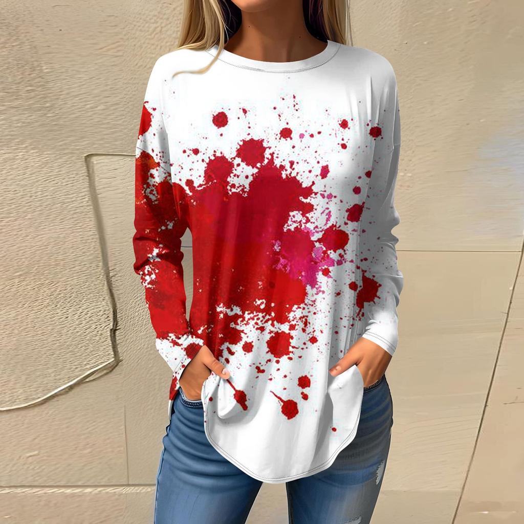 Damenmode Lockerer Rundhals Halloween-Druck Langarm T-Shirt Top Pullover