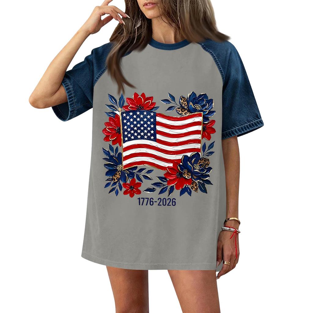 Women Casual Short Sleeve T Shirt Denim Patchwork Top 250th Independence Day Commemorative Print Relaxed Fit Lightweight Tee