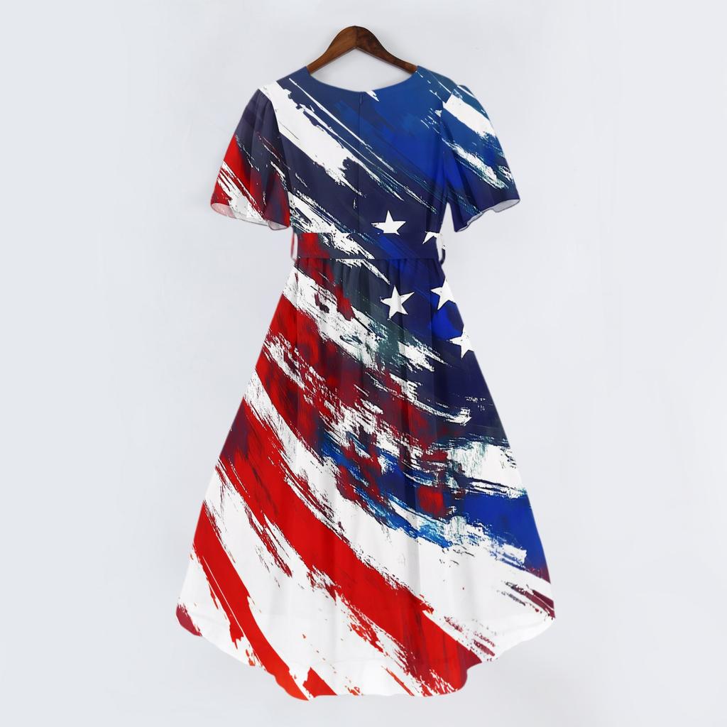Women's Casual V-Neck Short-Sleeve Independence Day Print Dress