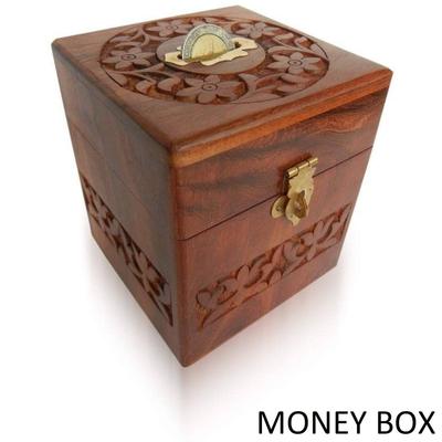 Wooden MONEY BOX Square Carved Handicraft Gift Item Coin Bank  (Brown)