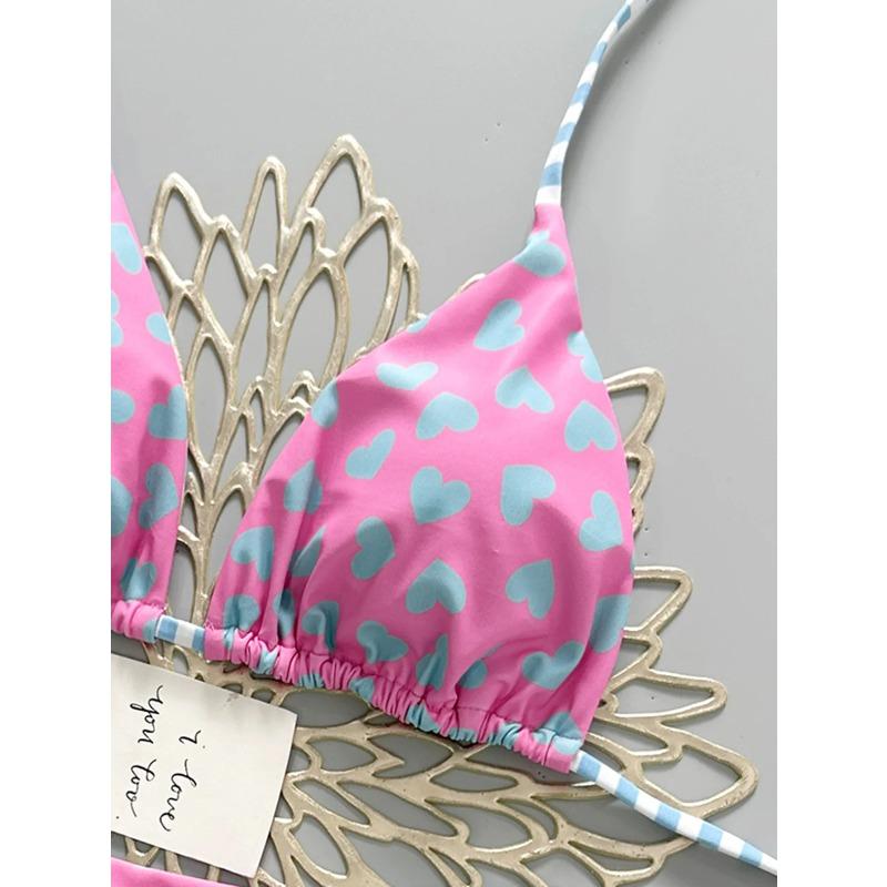 Sexy pink blue heart print micro bikinis sets two pieces halter back tie thong swimsuits bathing suit swimwear biquini tankini