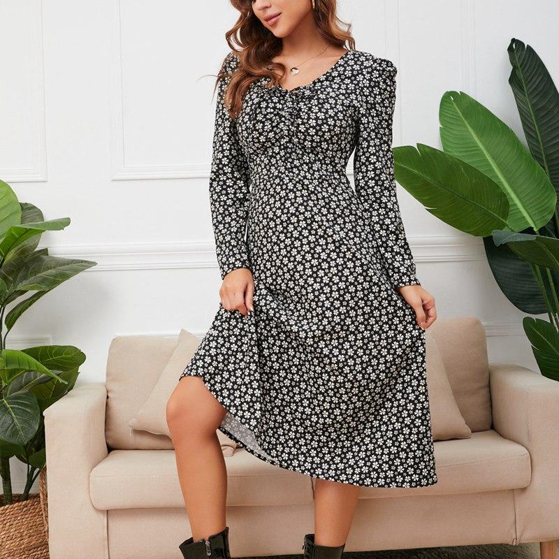 Dámské podzimní zima, výstřih do V, dlouhý rukáv, pas stahovací šňůrka květinové dlouhé elegantní šaty S-XL