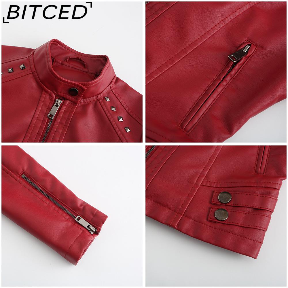 BITCED Women's Studded Leather Jacket Spring/Autumn Long-Sleeved Stand-Collar Fashion Jacket