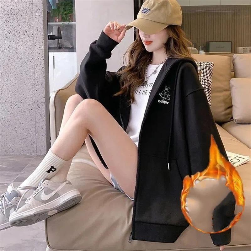 Women's Fleece Lined Zip Up Hoodie Cartoon Embroidery Casual Oversized Jacket