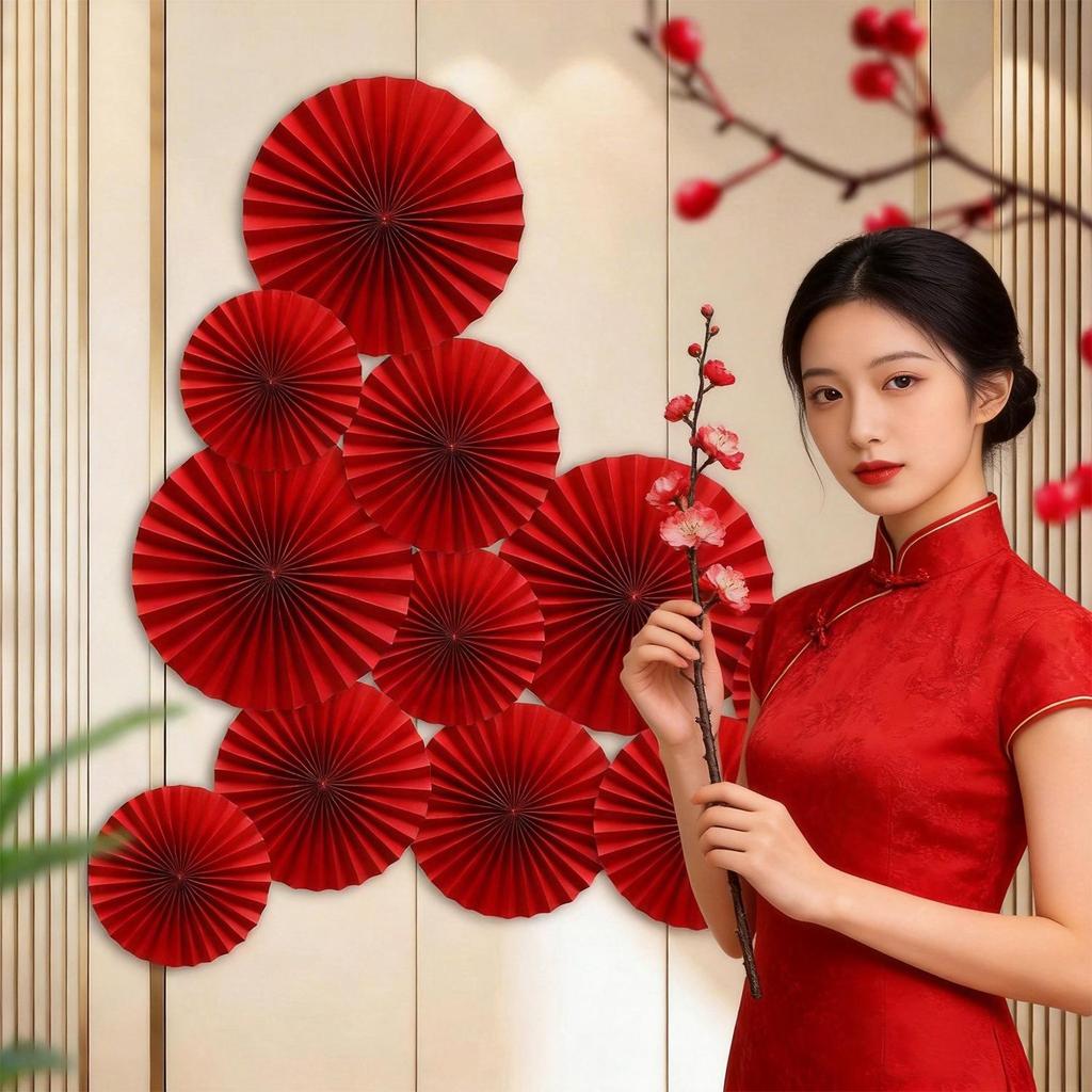 Chinese Red Paper Fan Decorations for Weddings and New Homes