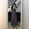 Black Floral Print Puff Sleeve Midi Dress for Women - Summer 2026, Waist-Cinched Slimming Style with Printed Roses