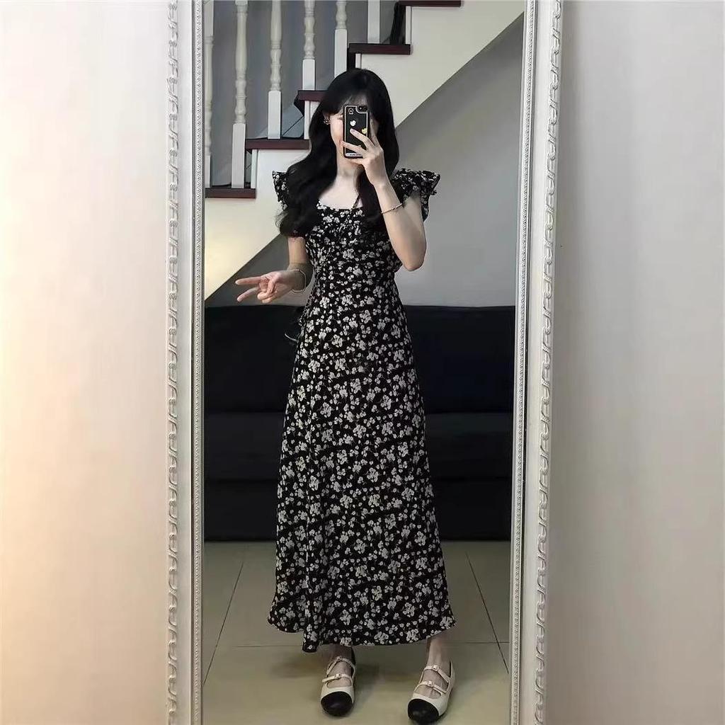 Black Floral Print Puff Sleeve Midi Dress for Women - Summer 2026, Waist-Cinched Slimming Style with Printed Roses