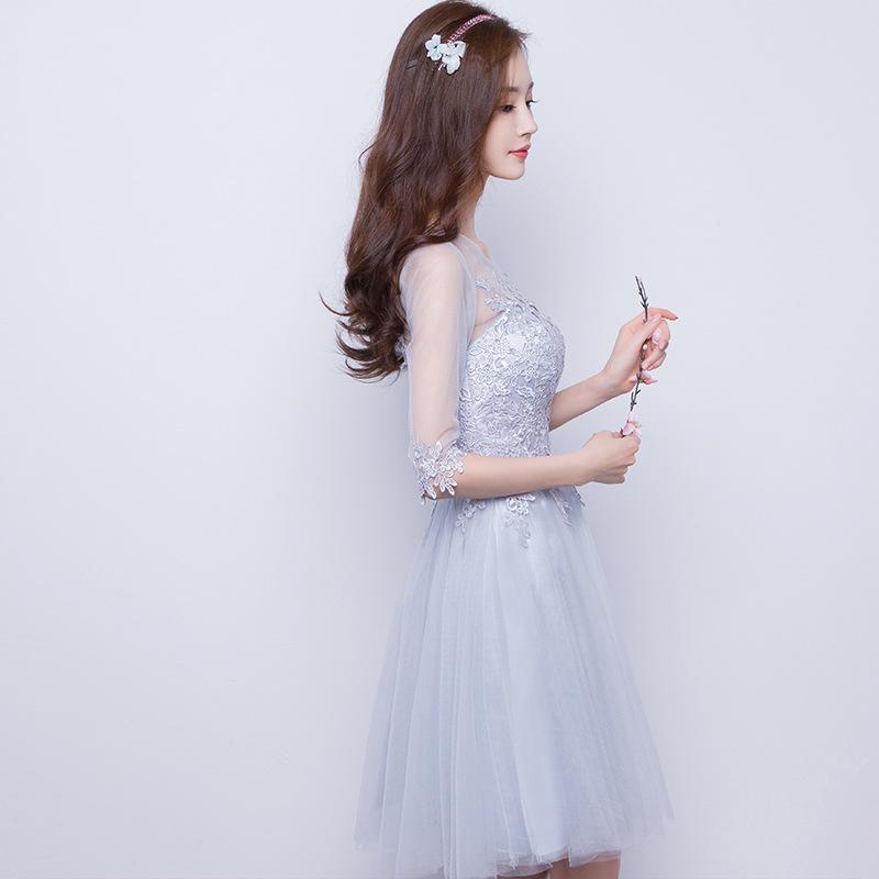 

Small dress new medium-sleeved party evening dress short thin bridesmaid dress dress Korean version S серый