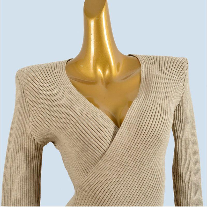 Thick Autumn and Winter Cross V-neck Knit Korean Series Design Sense High Elastic Slim fit Slimming Gyaru Sexy Pullover Top