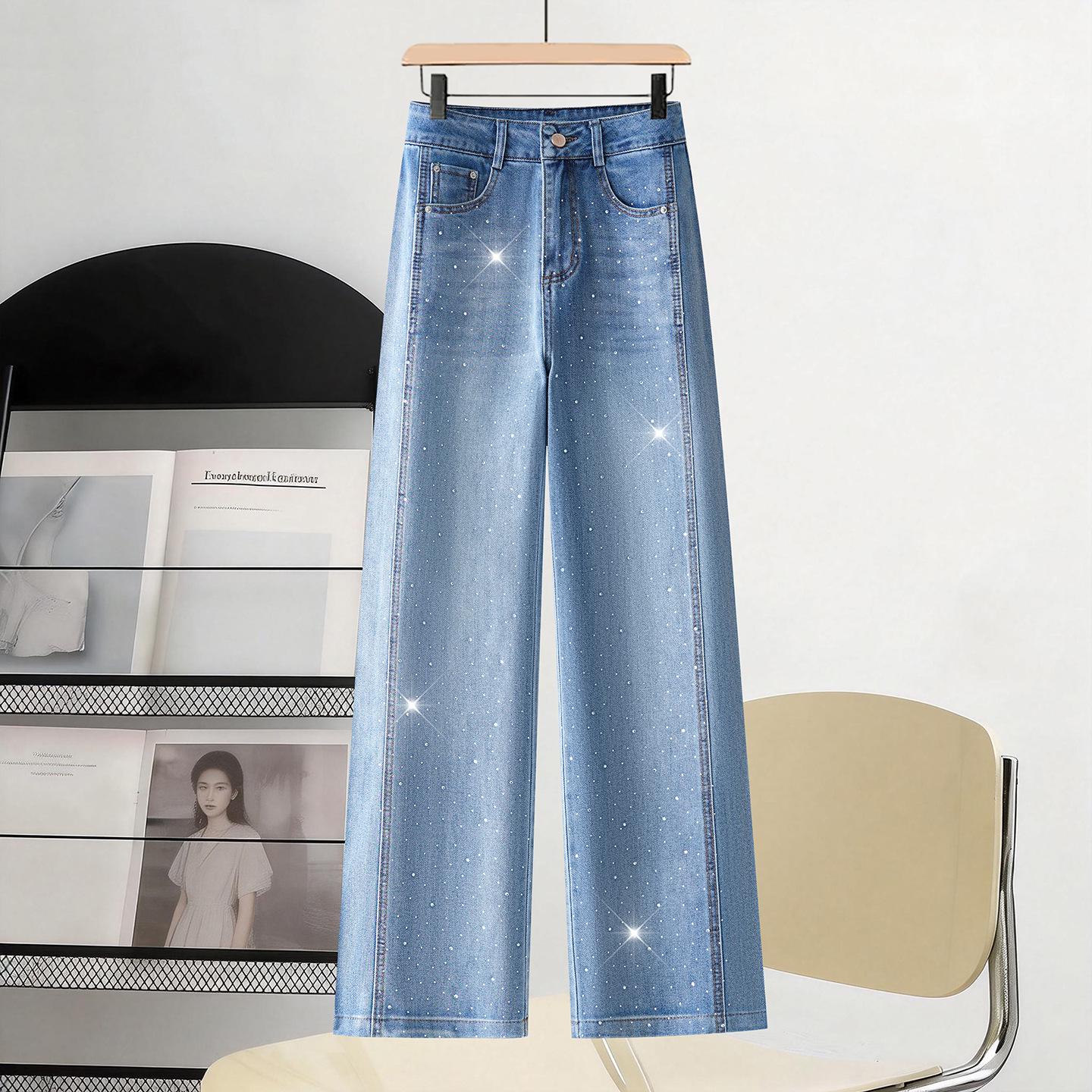 Women s Slimming High-Waisted Blue Hotfix Wide-Leg Jeans - Spring/Autumn 2026 Collection 29/XL