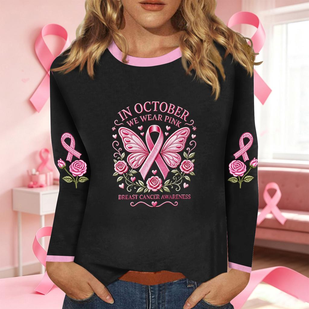 Women's Casual Long Sleeve Ribbon Print Round Neck Top