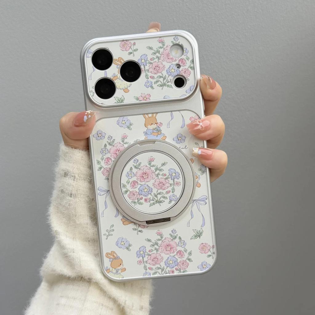 Flower Rabbit Rotating Bracket Suitable for Apple iPhone16/17Pro Mobile Phone Case 15 Electroplating Large Window 14 Sets