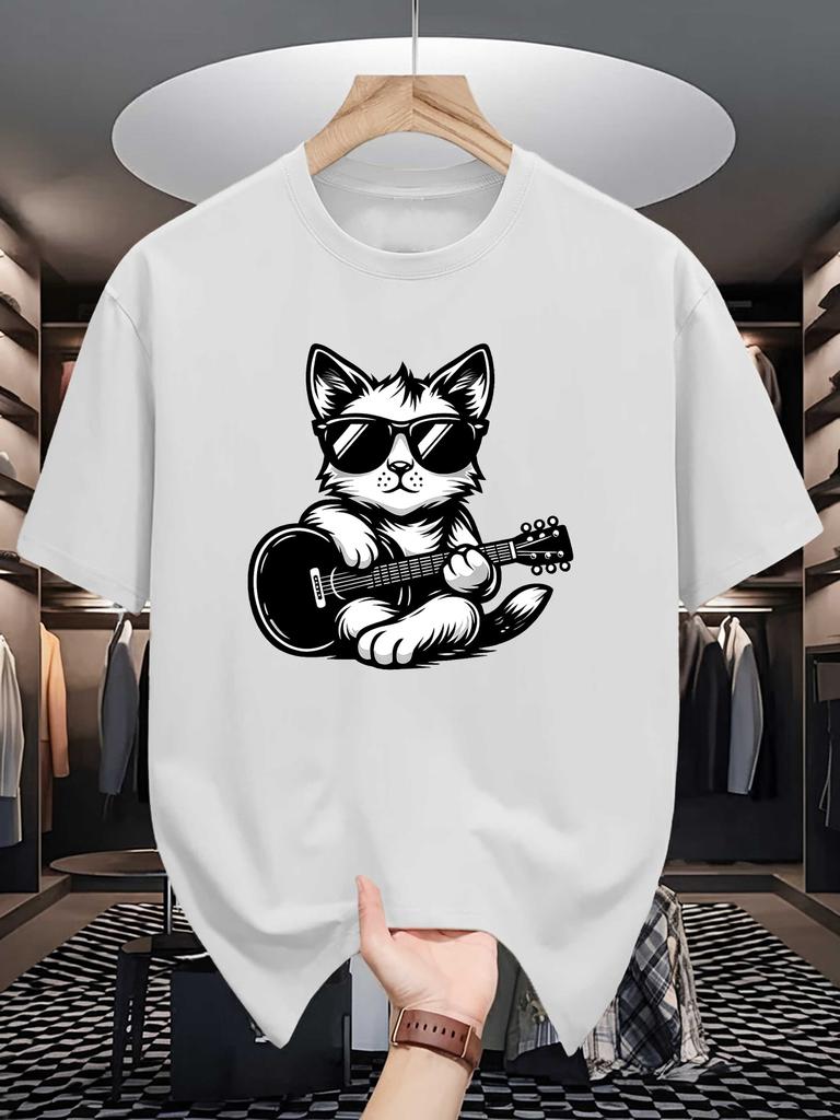 Unisexs Crew Neck T Shirt Hip Cat Sunglasses Play Guitar Rock Music Cartoon Graphic Short Sleeve Casual Cotton Street Tees