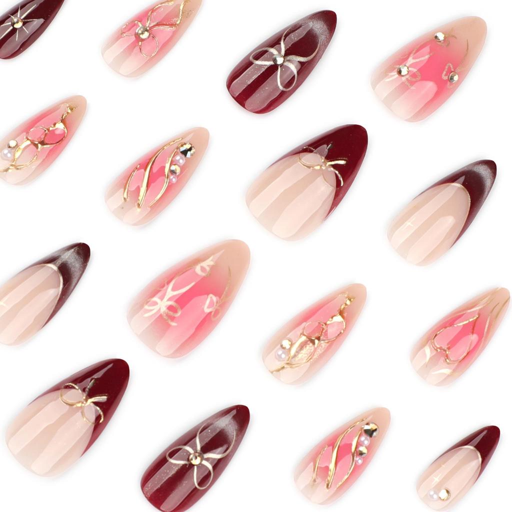 3D Butterfly Knot Wearable Red Blush Almond French Manicure Fake Nails