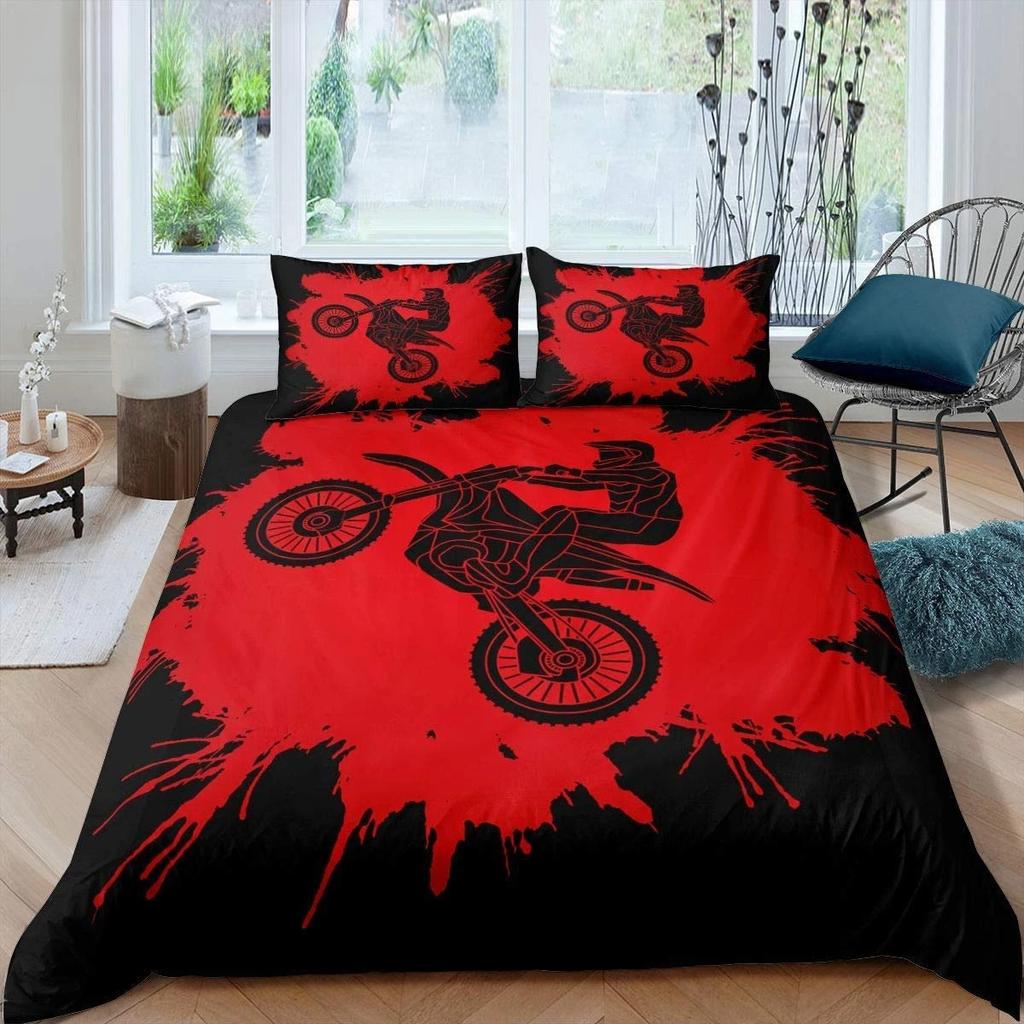Dirt Bike King Queen Duvet Cover Motocross Sports Bedding Set Motorcycle Quilt Cover Youth Cool Black White Soft Comforter Cover
