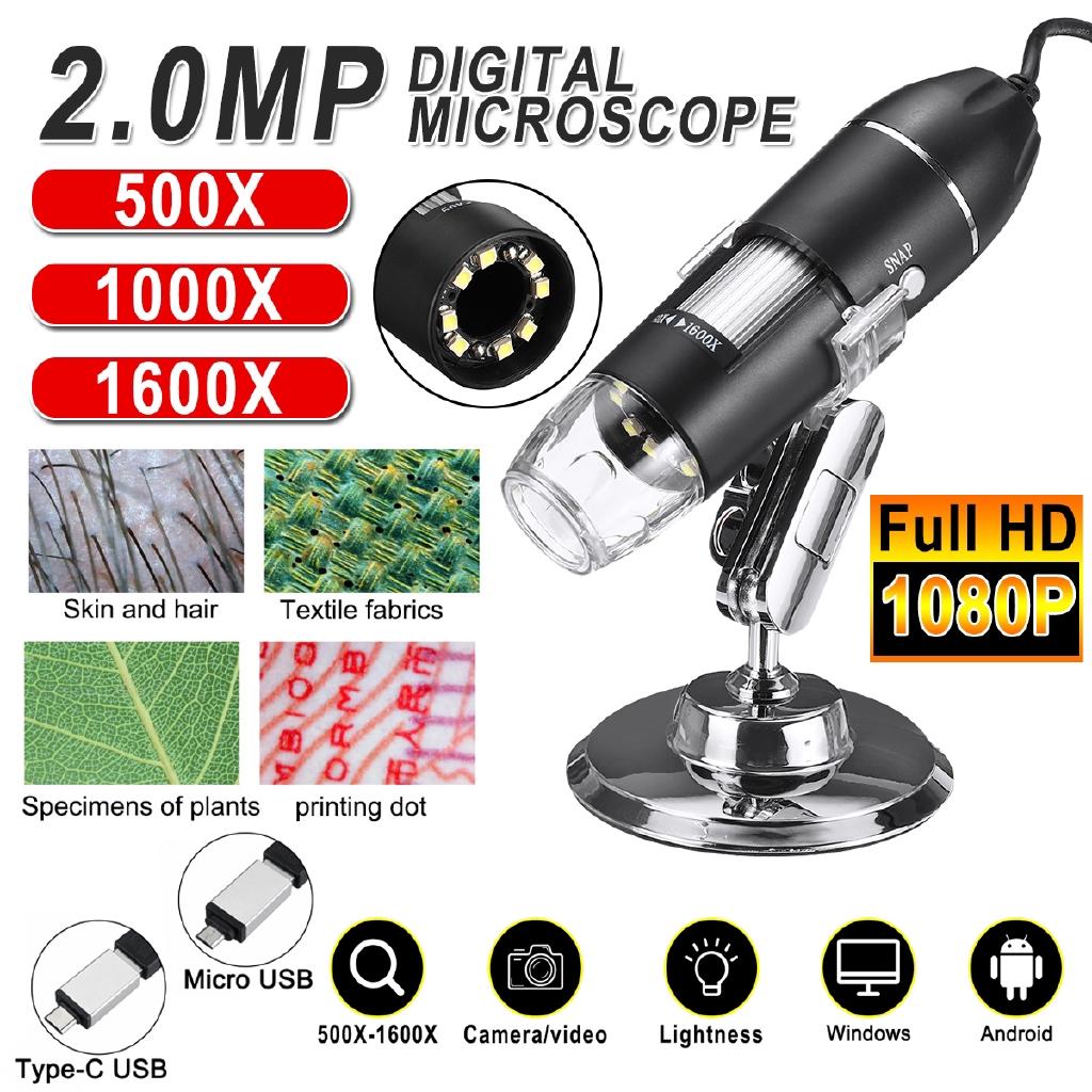 DC 5V ABS 1600X2MP 1080P 8 LED Digital Adjustable Microscope Type-C / M Icro USB Electronic Magnifier Stereo USB Endoscope For PC Phone