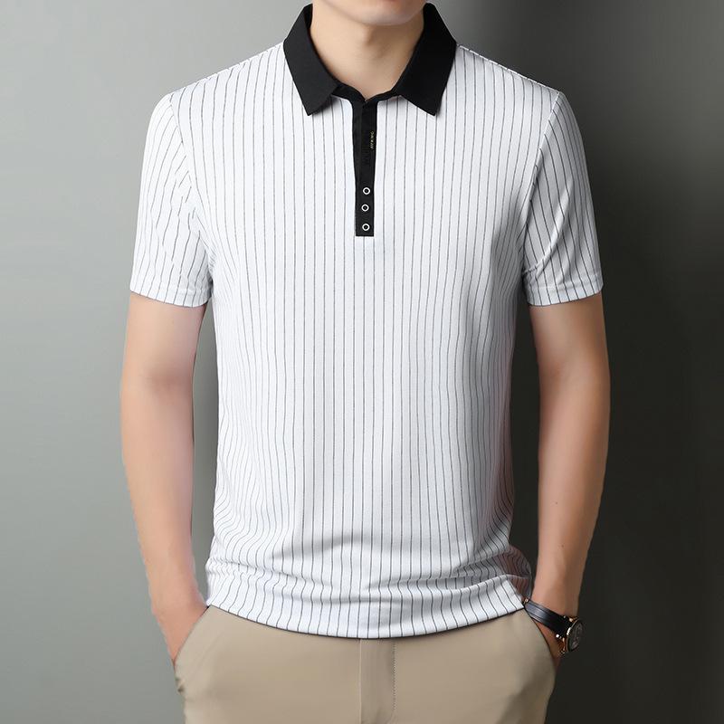 

Рубашка поло с короткими рукавами и вырезом-ножницами на лето и осень, мужская футболка в полоску с воротником-лацканами, повседневная, драпированная, не требующая глажки 4XL