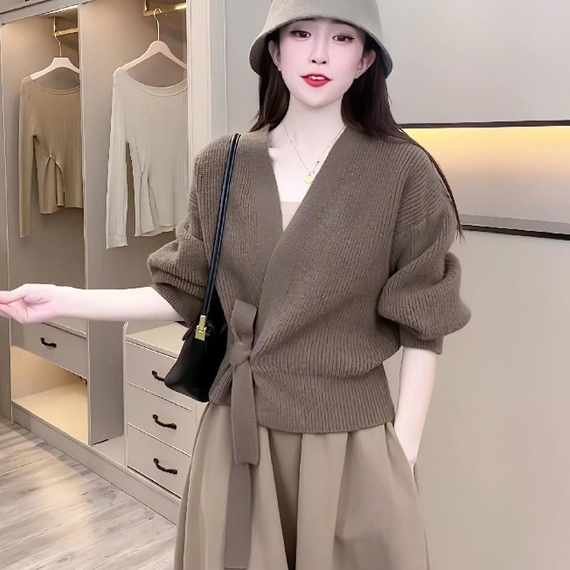 Advanced Sweater Knitwear Women Knitted Cardigan Fall Winter Tie V-neck Sweet Short Long-sleeved Knitted Tops