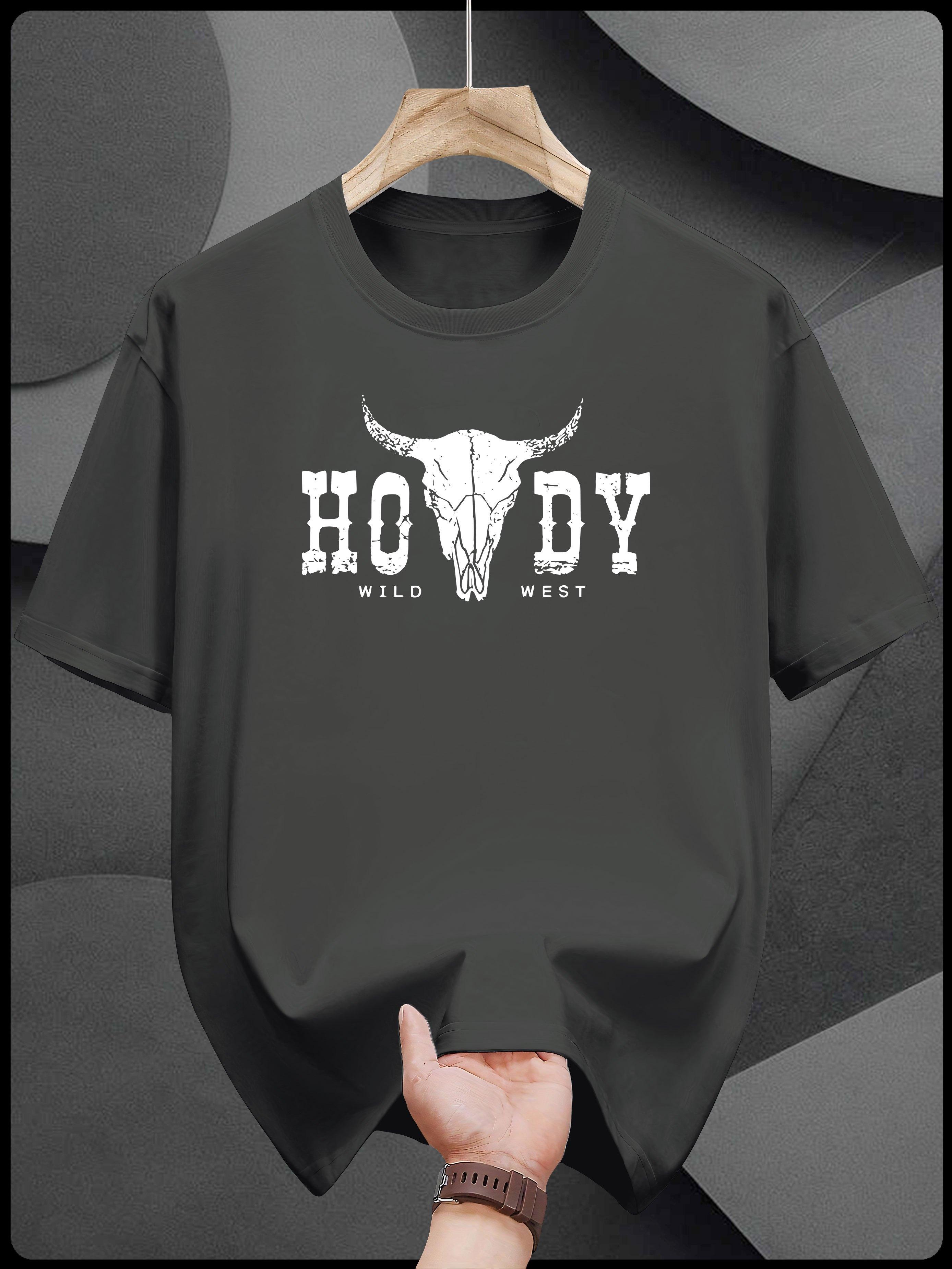 Heavyweight Cotton T-shirt - Western Cowboy Graphic Tee with HOWDY WILD WEST Bull Skull Print - Black Shirt for Casual Summer Outfits L
