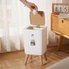 Elevated Wood-Grain Trash Can with Push-Button Lid - Japanese-Style for Living Room or Bedroom