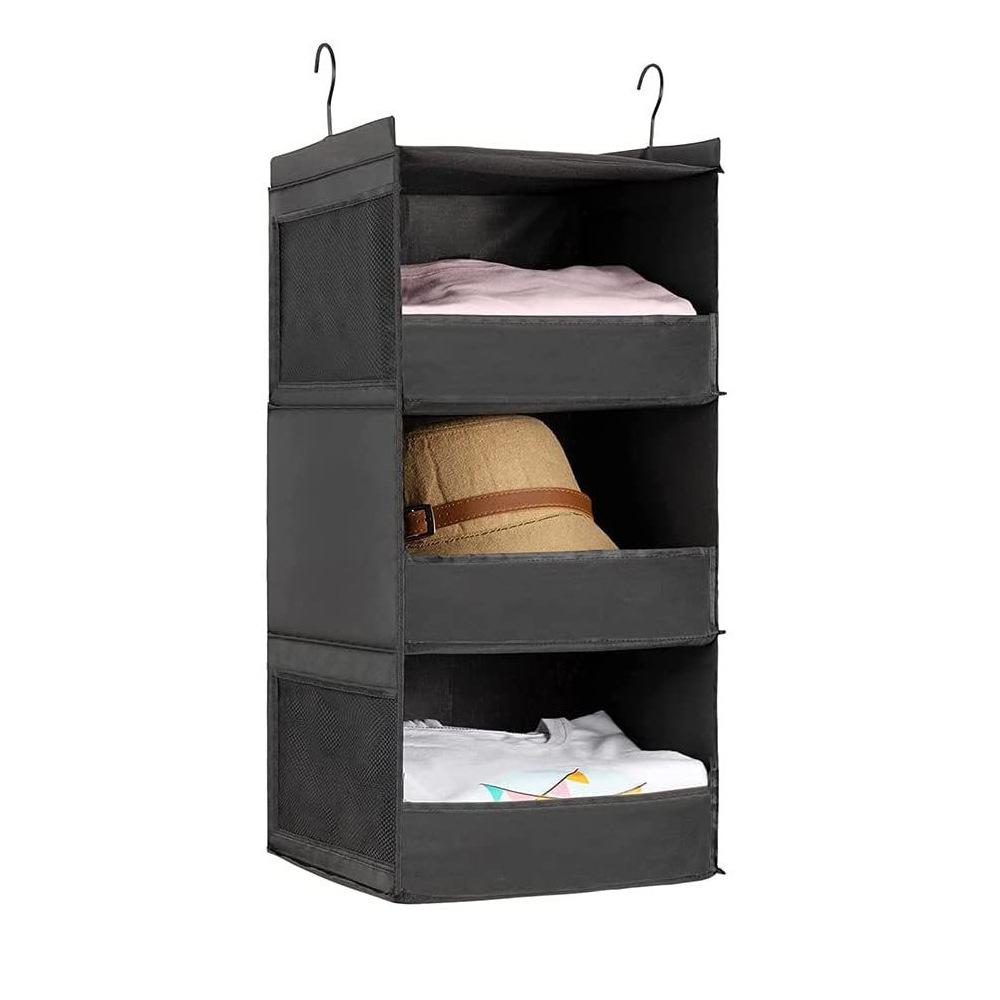 3 Floors Hanging Wardrobe Organizer with Partitions Mesh Pockets Washable Oxford Fabric Storage Bag for Clothes