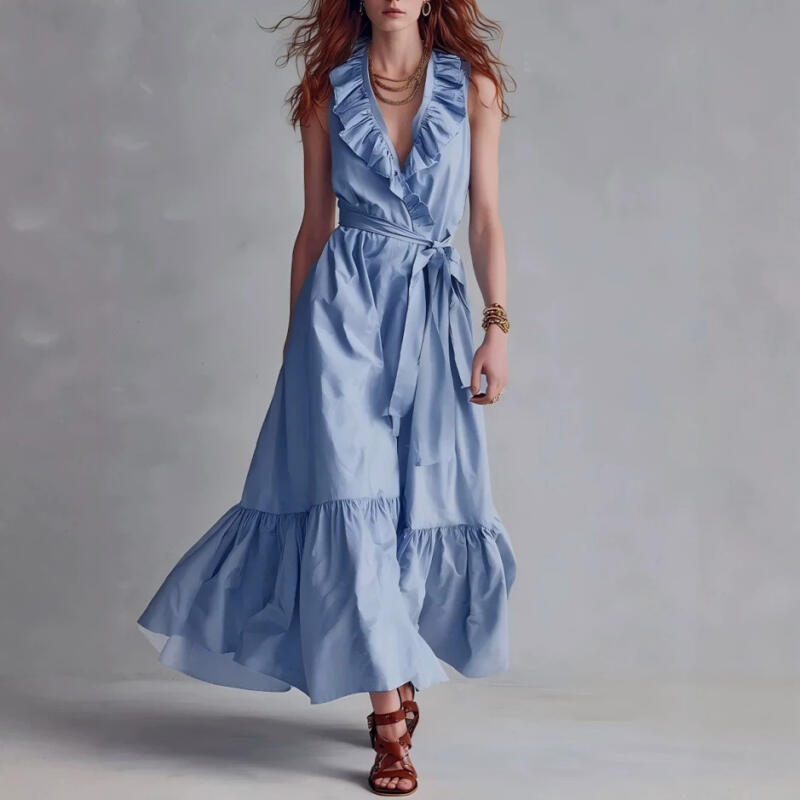 Women's Casual Sleeveless Ruffle V-Neck Maxi Dress Tie Waist A-Line Long Dress for Summer Beach Vacation Dress