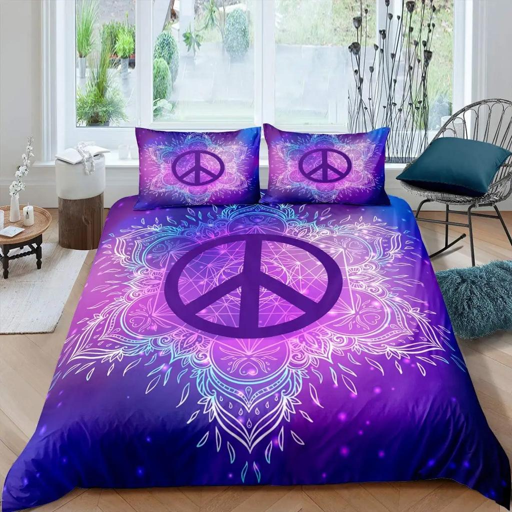 Peace Symbol Duvet Cover Set for Kids Boys Girls,Happiness World Bedding Set 3 Pcs,Queen Size,Green Brown Red Soft Bedroom Decor