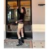 Black pleated western cowboy short boots women's 2025 new spring and autumn single boots V-mouth rivets pointed thick heel Martin boots