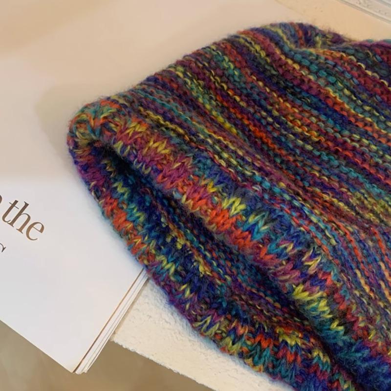 Winter Ear Protection Hat Rainbow Stripe Knitted Headgear Korean Women Fisherman Cap Girls Ski Riding Bonnet