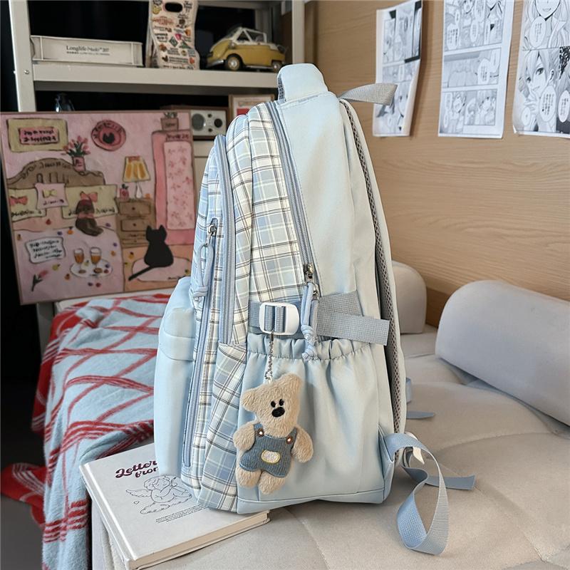 Nylon Plaid Backpack Women's Fashionable Casual School Bag Lightweight Travel Rucksack with Multiple Pockets