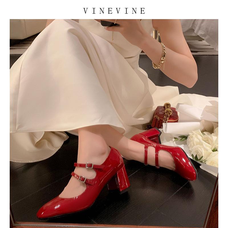 Retro Mary Jane women's shoes 2025 spring and autumn new French medium heel red single shoes women's thick heel small red shoes high heels