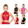 Crop Top Femme Aspect Mouillé Cuir PU Découpe Col Montant Sans Manches Fermeture Éclair Devant Débardeur Brillant Clubwear pour Soirée