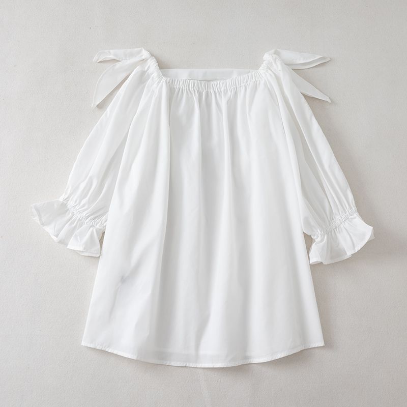 

623 Эластичный с открытыми плечами Женский Телесный Ширина плеч Свободный Летняя одежда Рубашка Экспорт Чистый хлопок White One size